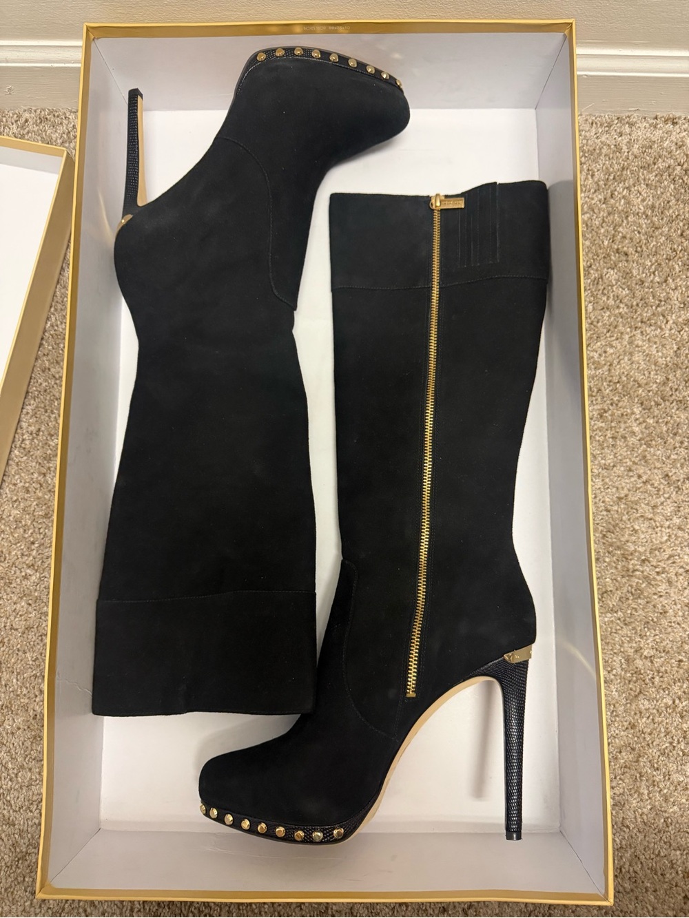 Michael Kors Ailee Black Suede Knee-High Stiletto Boots with Gold Accents